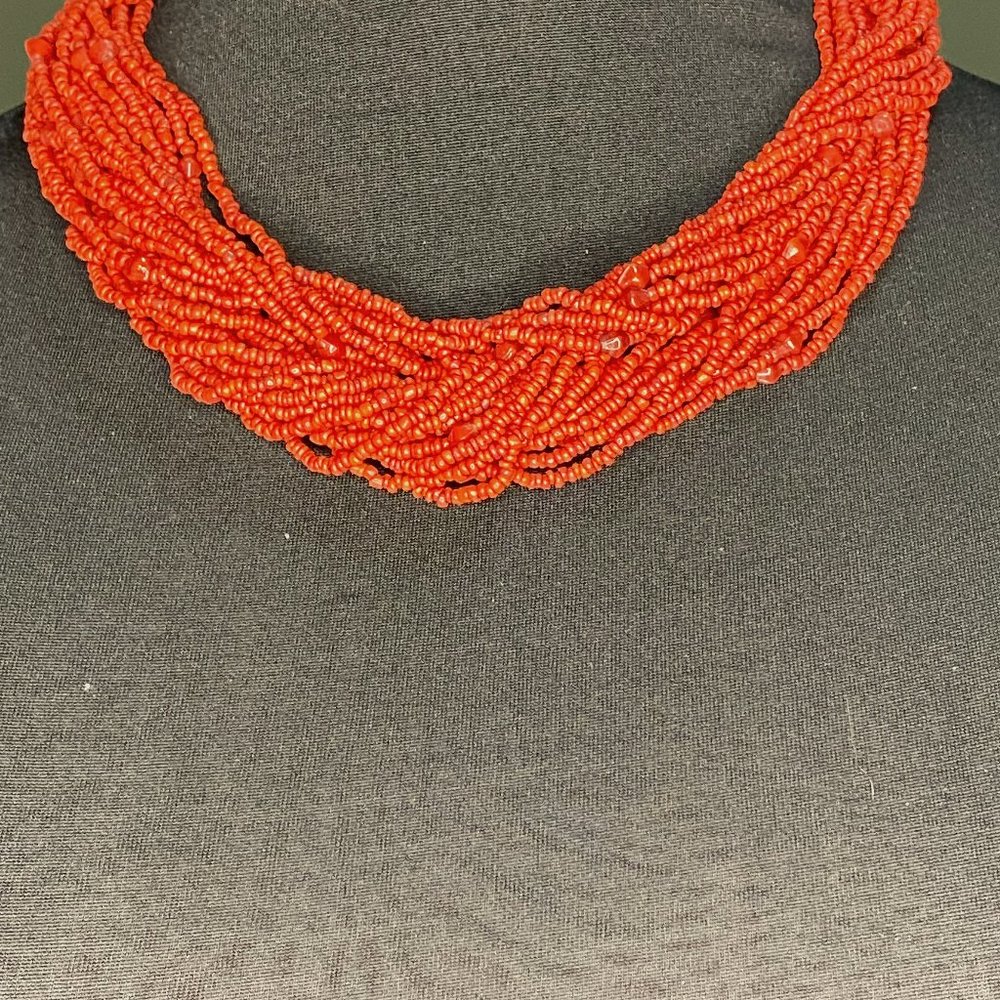 Chocker necklace, faux coral with twisted tiny red beads, lobster claw closure